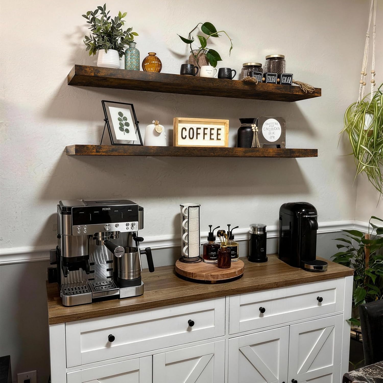 Long Rustic Wood Wall Hanging Shelves