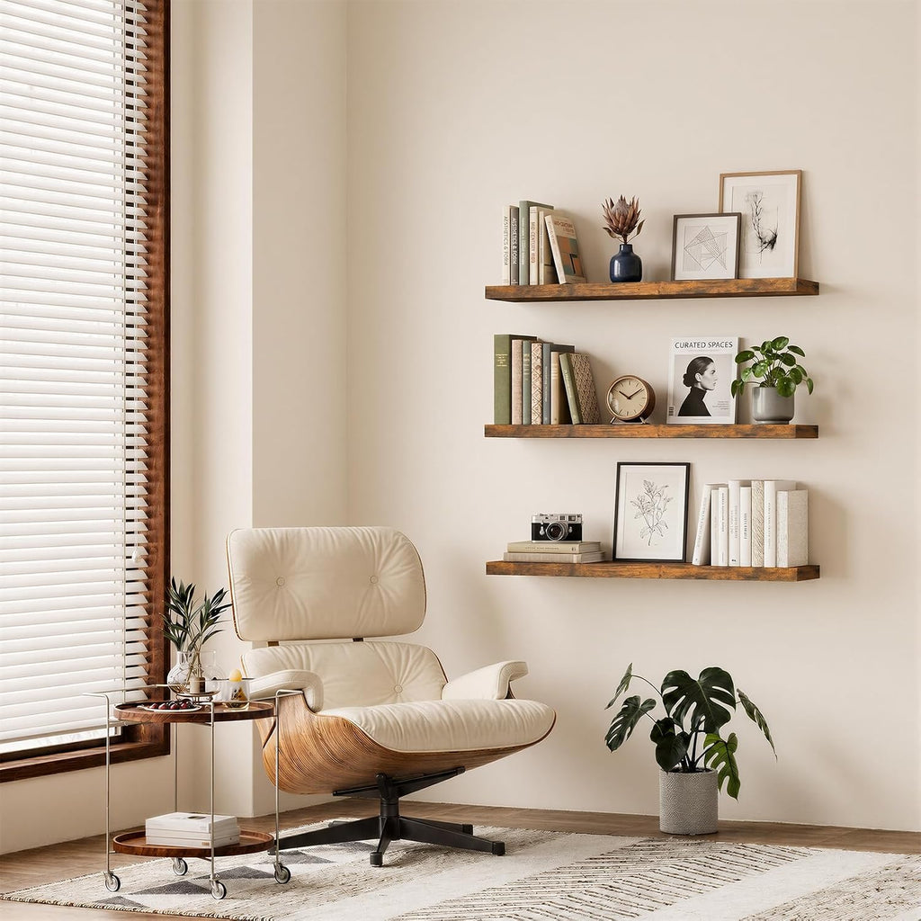 Long Rustic Wood Wall Hanging Shelves