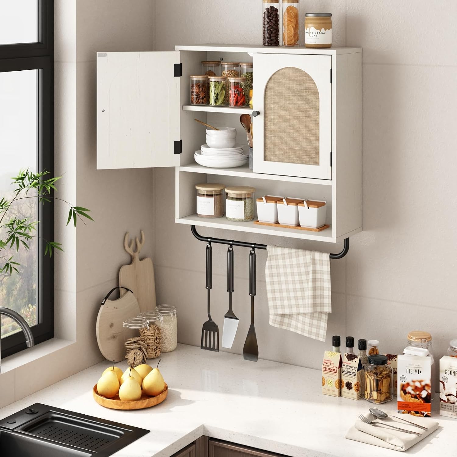 Arched Rattan Wall Storage Cabinet