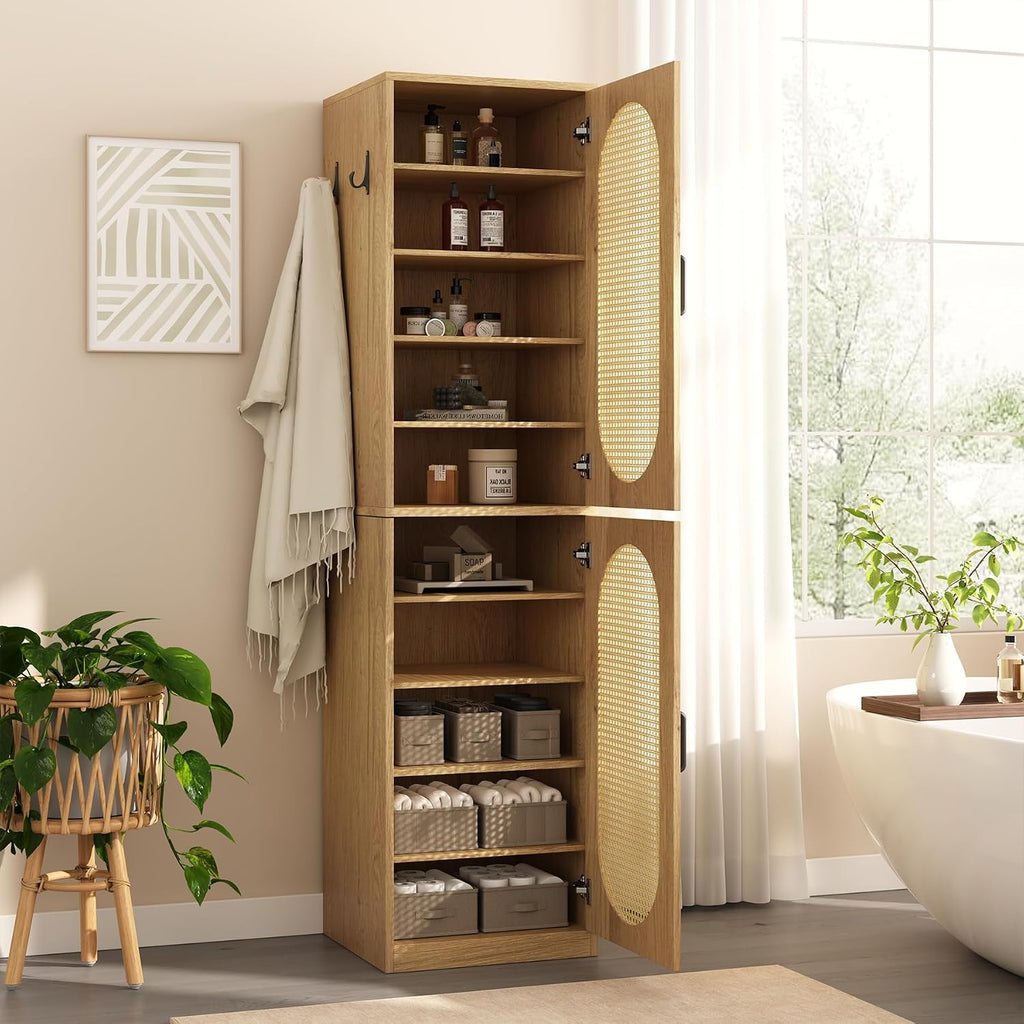 Tall Rattan Door Bathroom Storage Cabinet