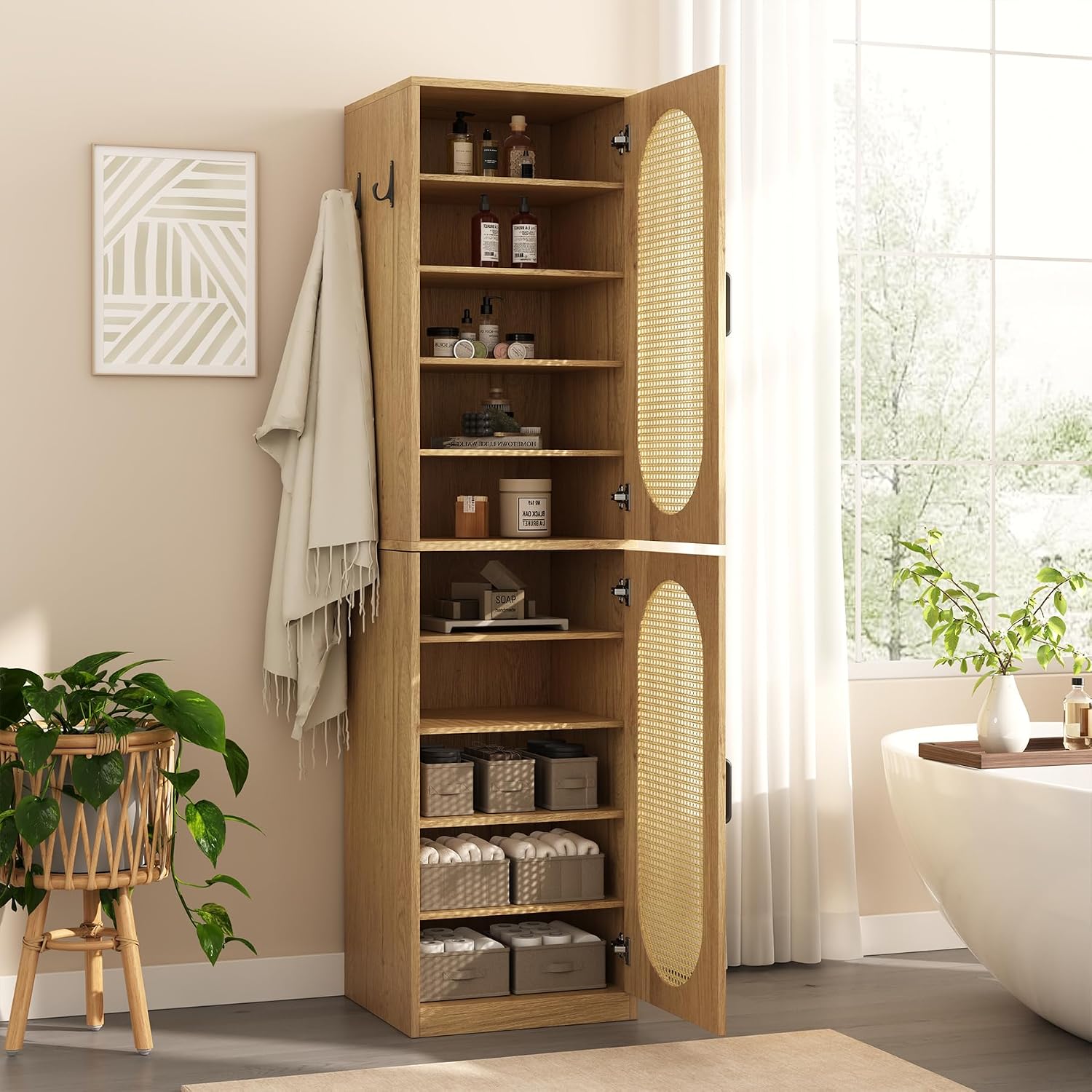 Tall Rattan Door Bathroom Storage Cabinet