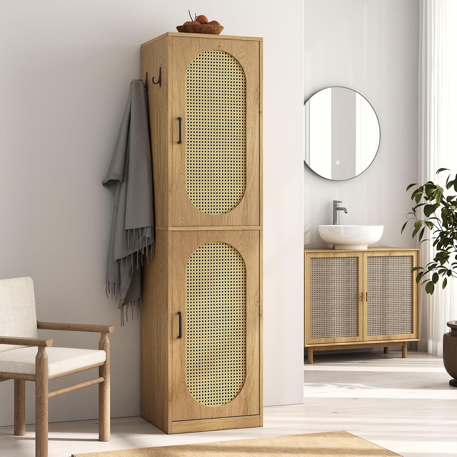 Tall Rattan Door Bathroom Storage Cabinet
