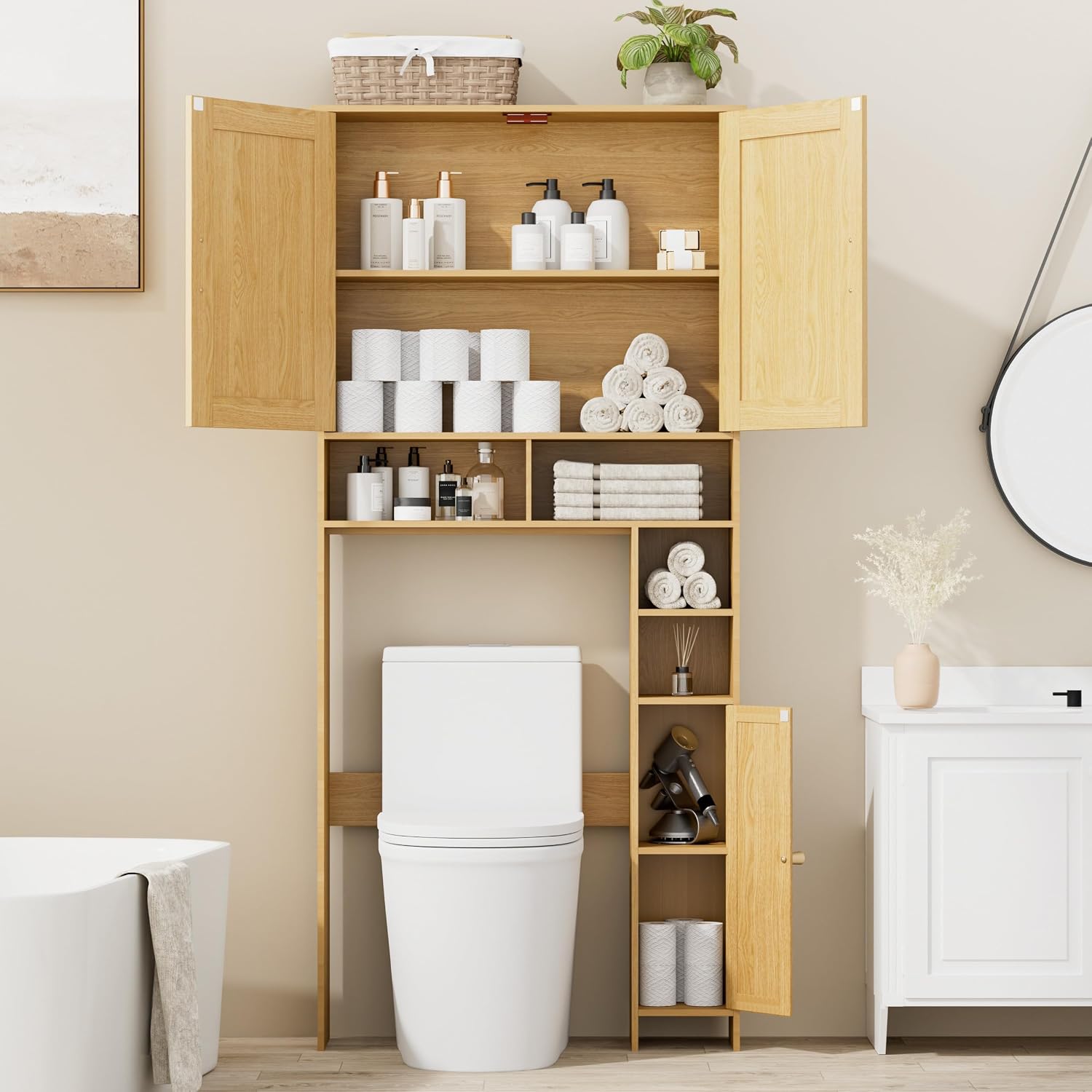 Wooden Rattan Toilet Storage Cabinet