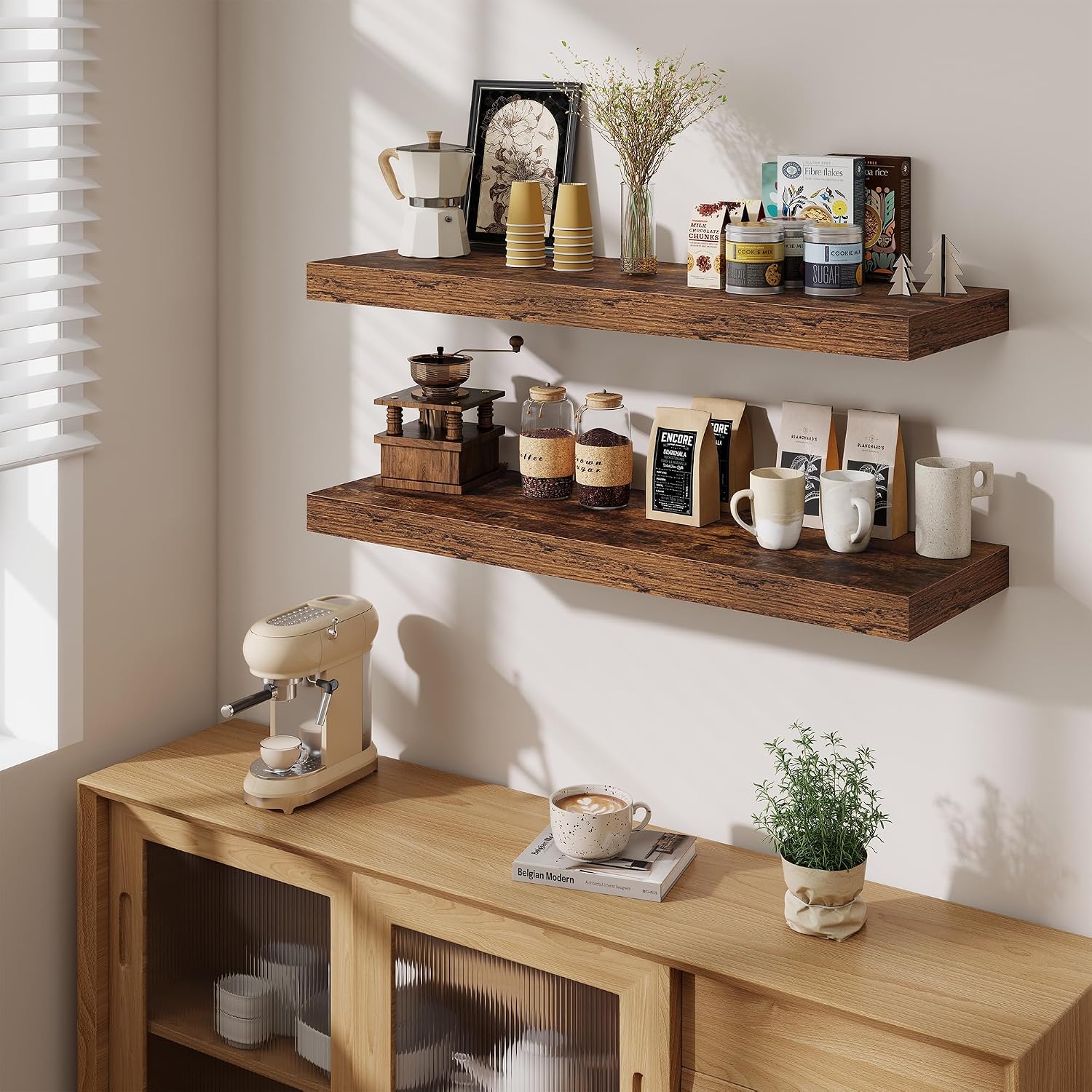 Deep Rustic Wood Hanging Wall Shelves