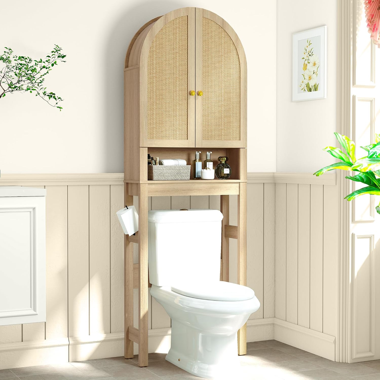 Arched Rattan Toilet Storage Cabinet