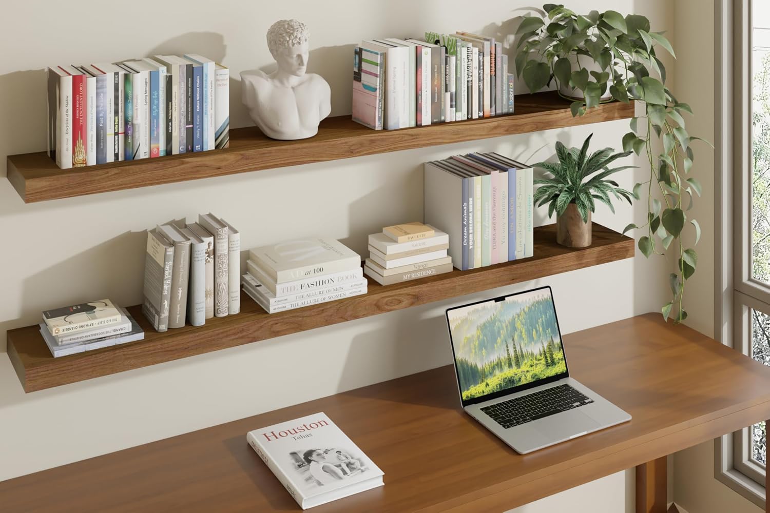 Long Walnut Solid Wood Wall Shelves