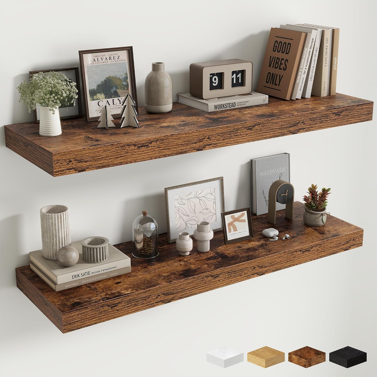 Deep Rustic Wood Hanging Wall Shelves