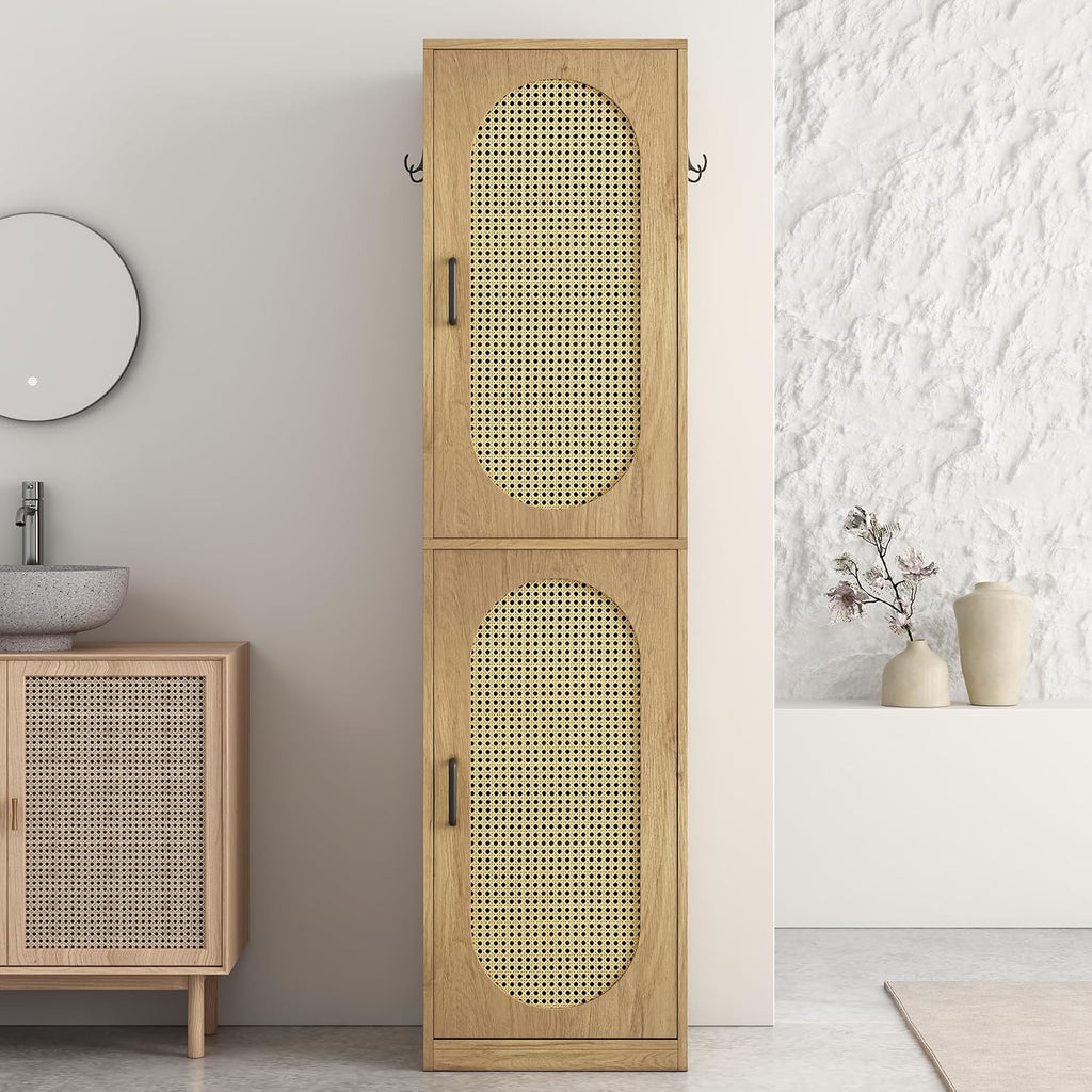 Tall Rattan Door Bathroom Storage Cabinet