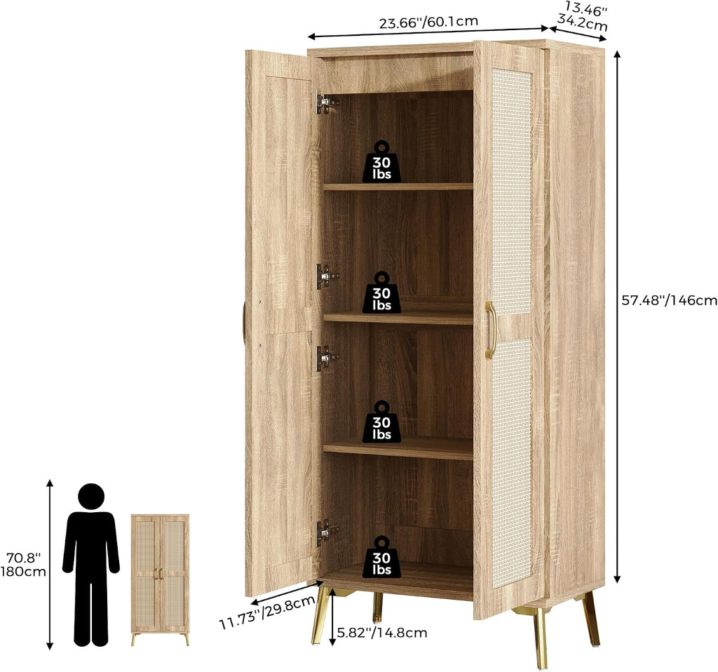 Tall Wooden Rattan Storage Cabinet