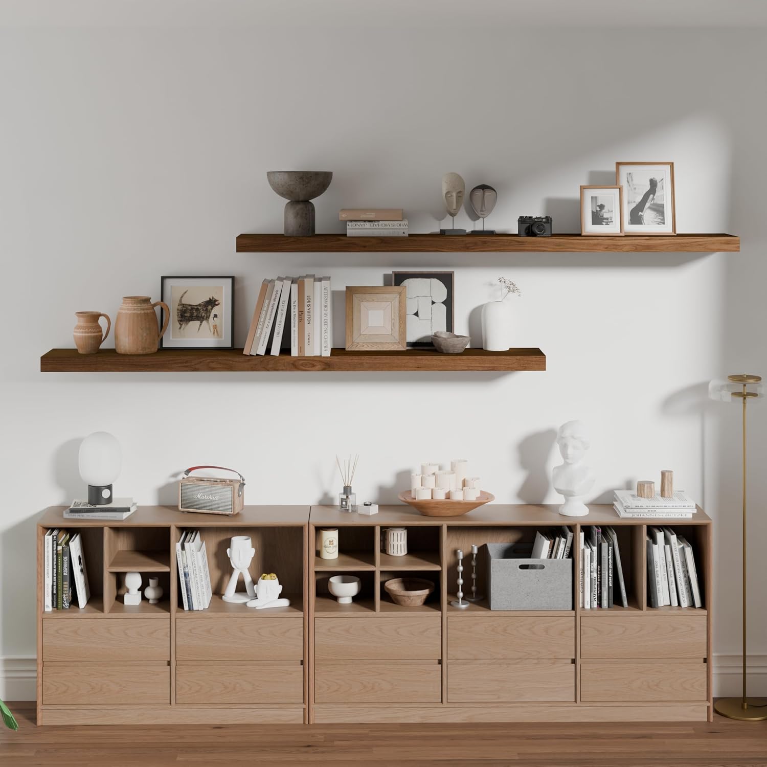 Long Walnut Solid Wood Wall Shelves