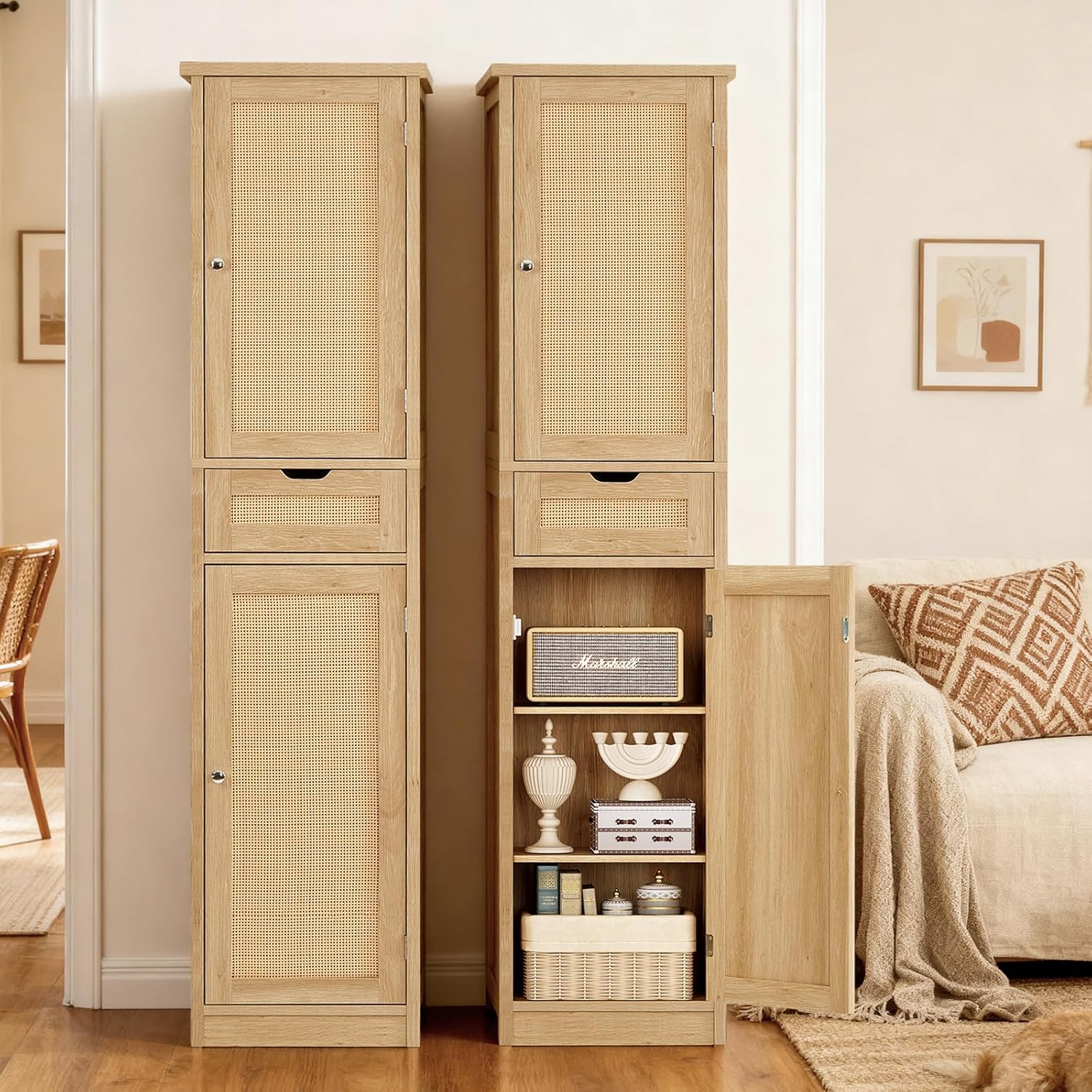 Tall Narrow Rattan Storage Cabinet