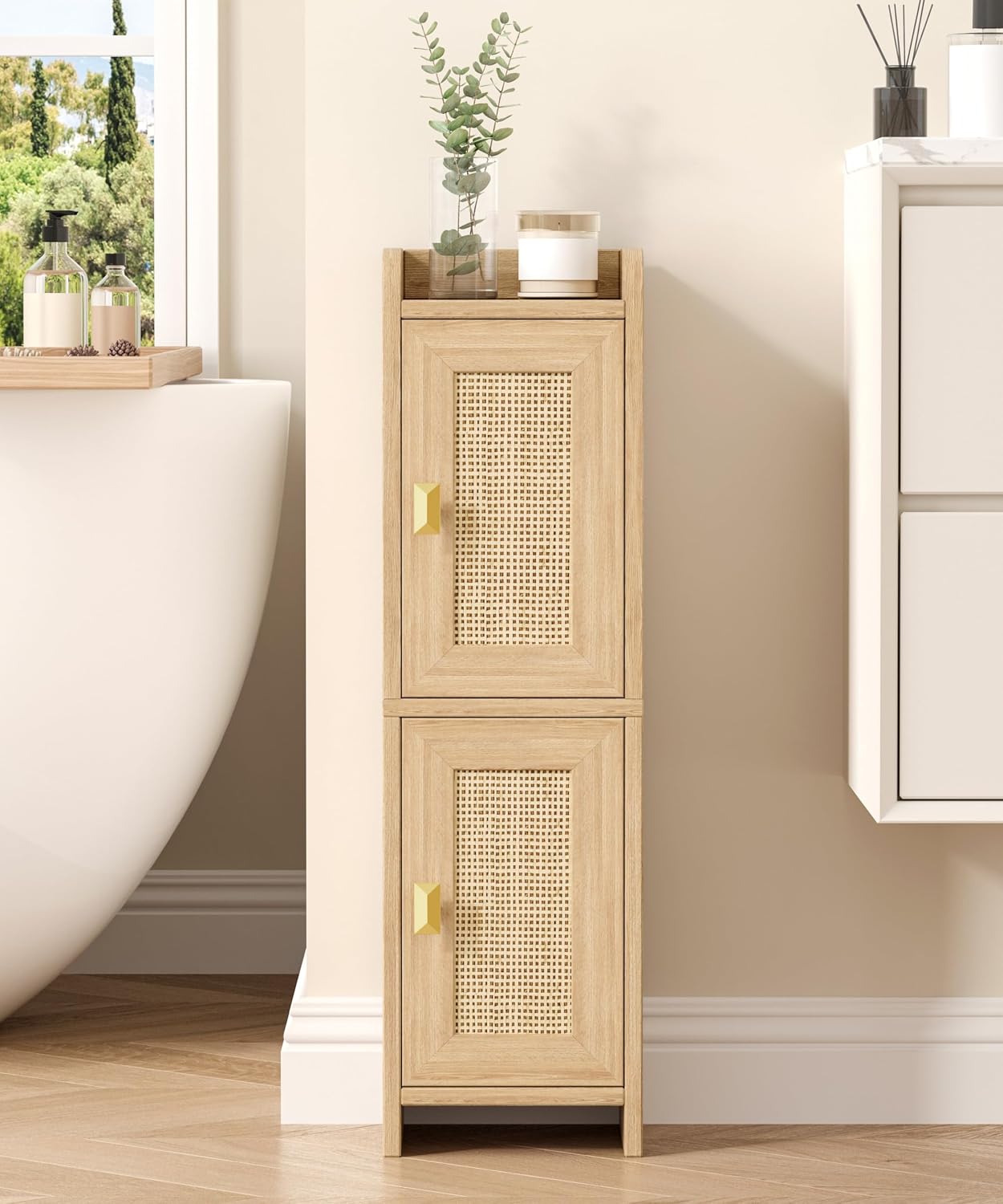 Slim Rattan Corner Storage Cabinet