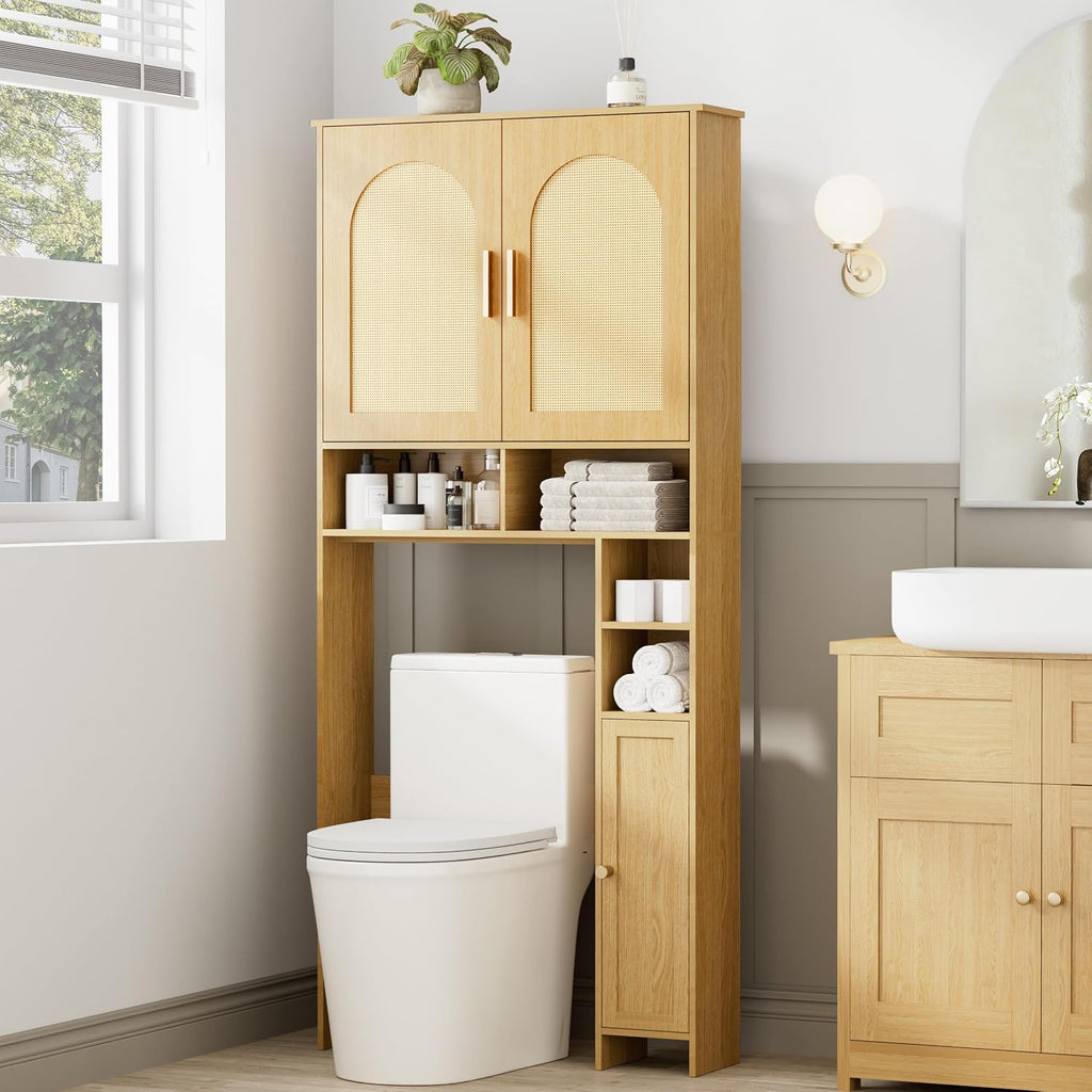 Wooden Rattan Toilet Storage Cabinet