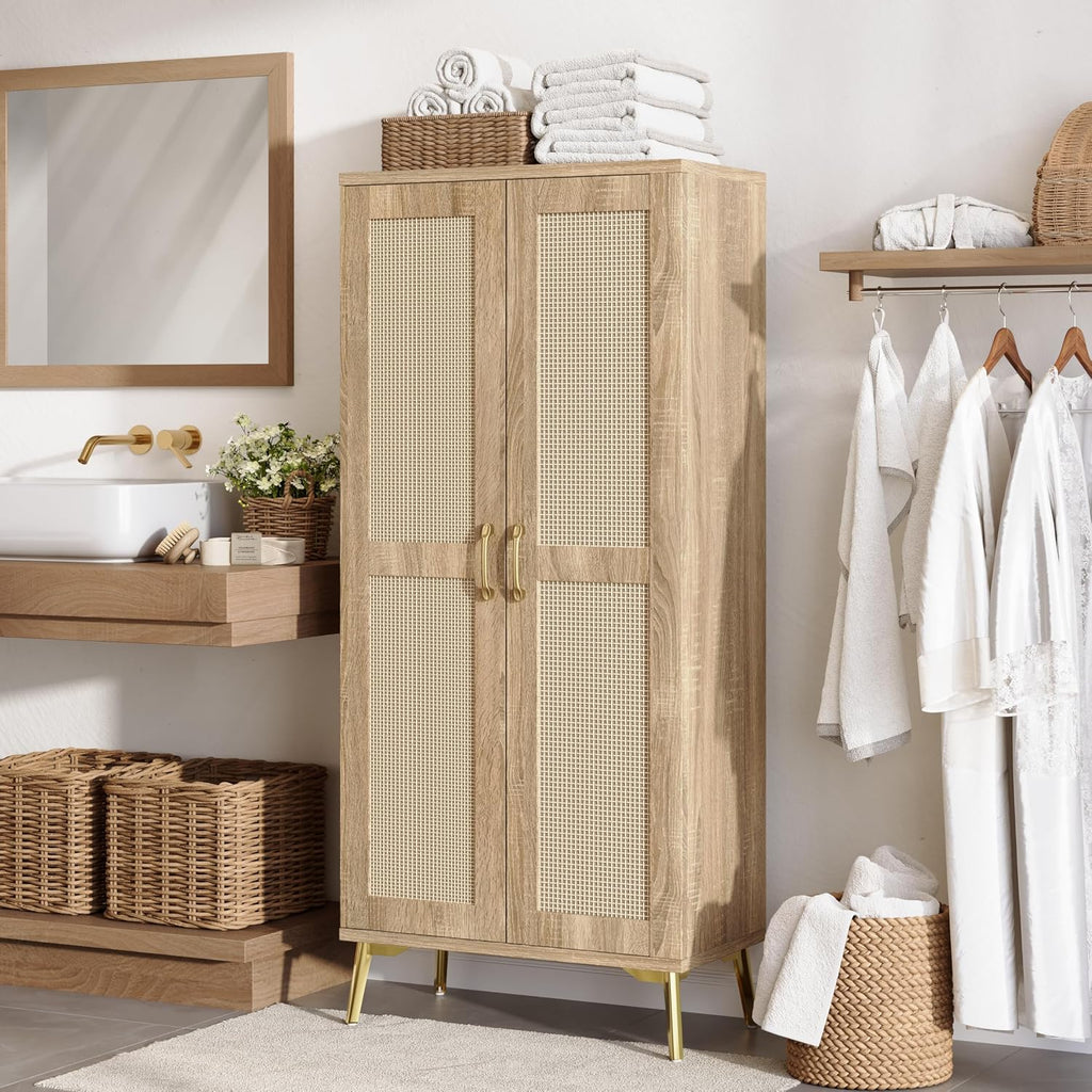 Tall Wooden Rattan Storage Cabinet