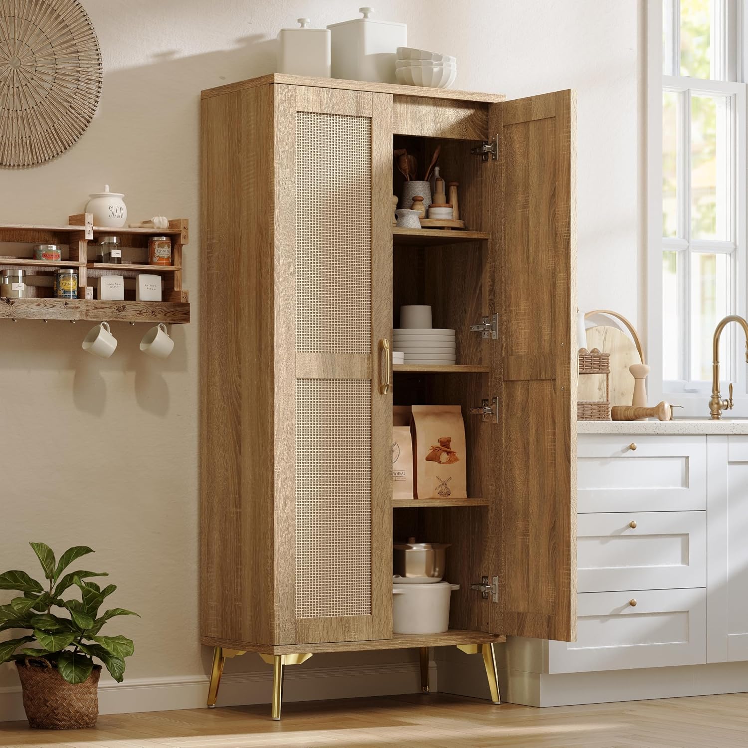 Tall Wooden Rattan Storage Cabinet