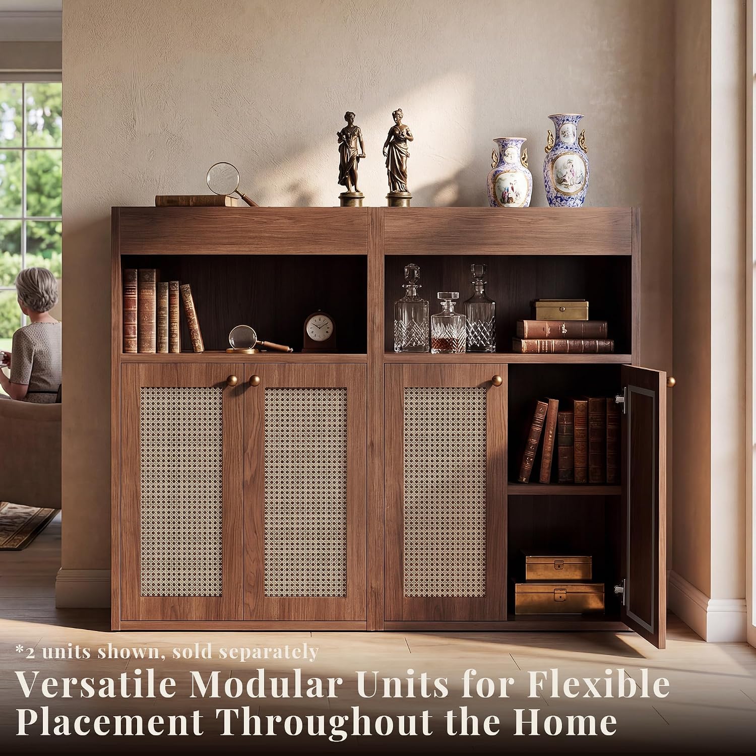 Freestanding Rattan Door Storage Cabinet