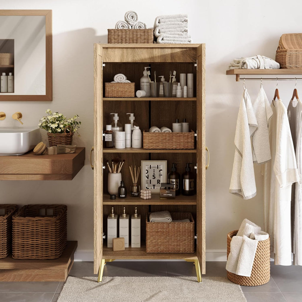 Tall Wooden Rattan Storage Cabinet