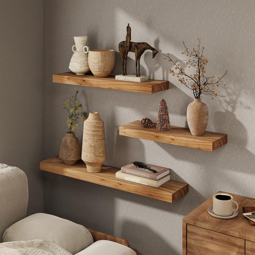 Solid Elm Wood Floating Wall Shelves