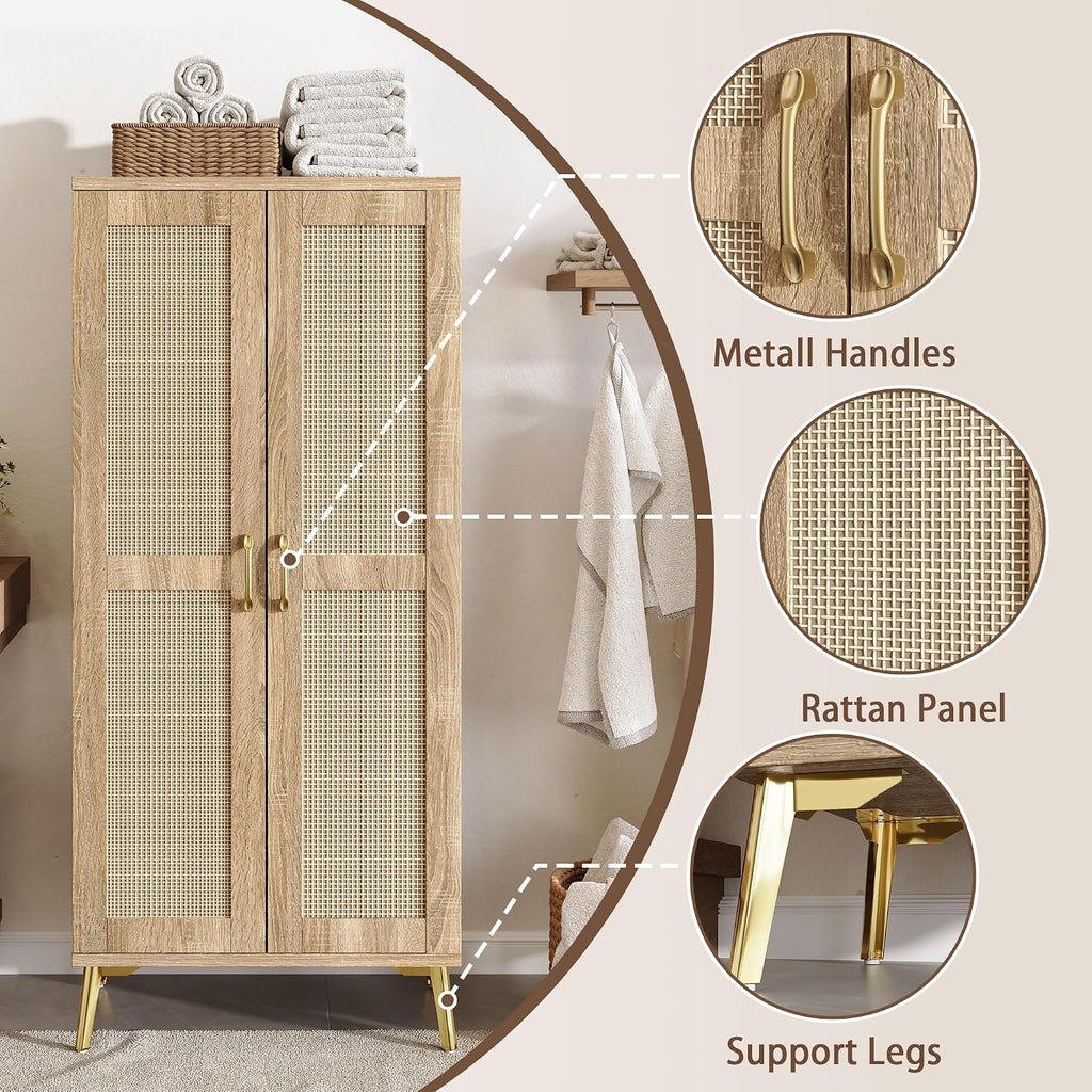 Tall Wooden Rattan Storage Cabinet